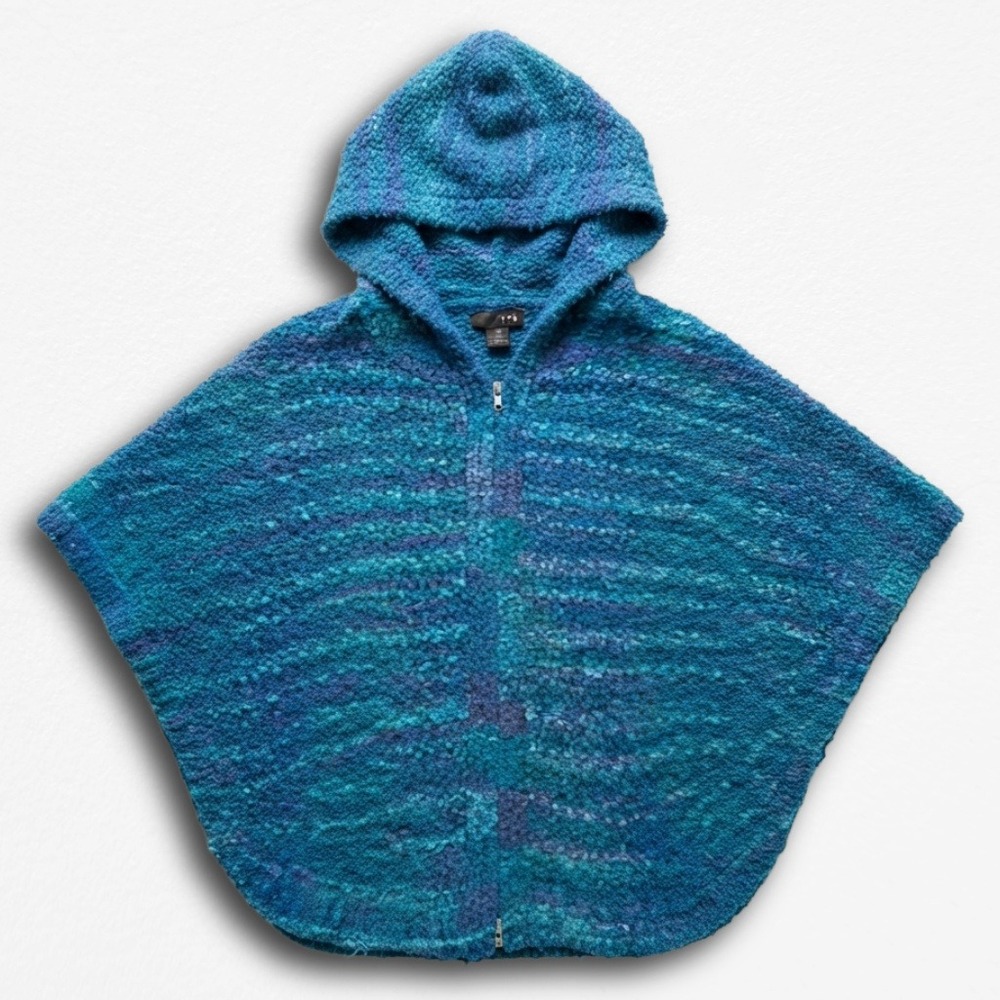 Fever Y2K Teal Blue Boucle Knit Hooded Zip Front‎ Poncho Sweater Women Small